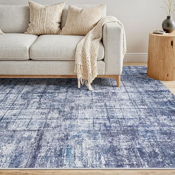6x9 Area Rugs for Living Room Washable Rug: Anti-Skid Abstract Modern Living Room Rug Soft Thin Carpets Indoor Floor Non-Shedding Carpet for Bedroom Dining Farmhouse Nursery Navy Light Gray
