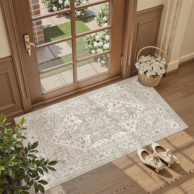 Madane Washable Area Rug 2x4, Small Entryway Rug Non-Slip Vintage Door Mat Indoor Entrance, Low Pile Floor Carpet Runner for Inside Front Door Kitchen Entry Laundry, Beige/Brown