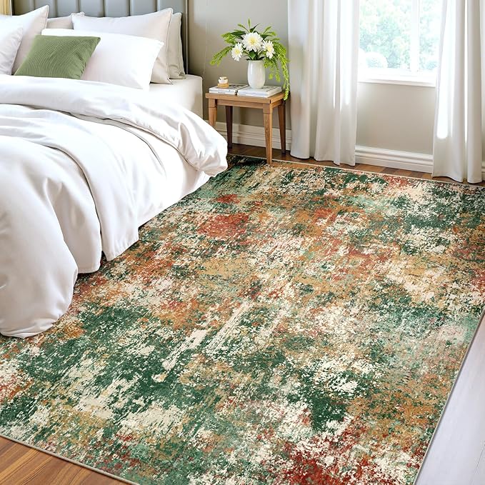 Washable Area Rugs 5'x8' Non-Slip Modern Abstract Soft for Living Room Entryway Bedroom Nursery, Print Pattern, Green Orange Rust Red Cream Colorful