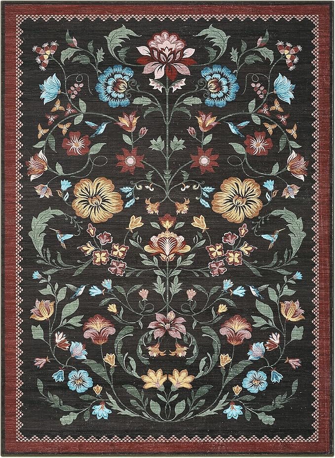 GarveeHome Washable Rug 4x6 Area Rugs for Living Room, Floral Rug for Bedroom, Soft Boho Non Slip Throw Rugs with Rubber Back, Low Pile Stain Resistant Vintage Floral Carpet for Dining Room, Red