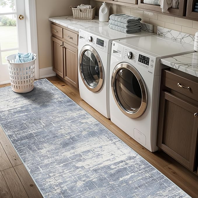 Hallway 2x10 Washable Runner Rug: Abstract Kitchen Stove Rugs Low-Pile Stain Resistant Entryway Area Rug Cozy Bedroom Soft Floor Mat Non-Slip Farmhouse Carpet for Bathroom Living Room(2x10,Blue/ivory)