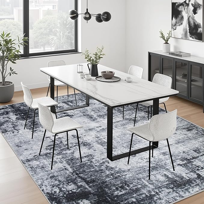 10x14 Area Rug Living Room Rug: Washable Modern Abstract Soft Thin Rug Indoor Floor No Slip Stain Resistant Carpet for Bedroom Dining Room Farmhouse Nursery Home Office - Dark-Black
