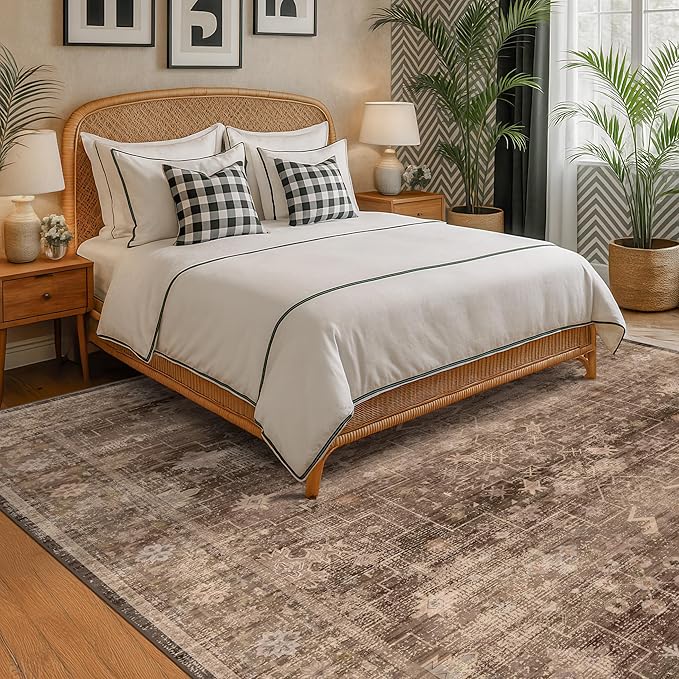 Hazo Haus Boho Brown Living Room Rug 6x8 - Modern Vintage Traditional Oriental Taupe Neutral, Washable Low Pile Non-Slip Extra Large Area Rugs for Dining Under Table Bedroom Lounge