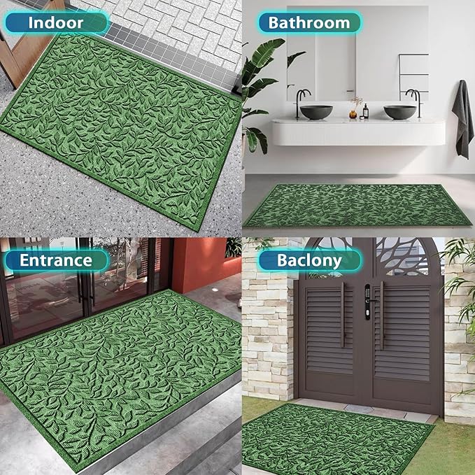 Bulijojo Sturdy Front Entrance Doormats,Durable Heavy Duty Welcome Mat,Thick Absorbent Natural Rubber Non Slip Mat,Easy Clean Entryway Mat Leaves Green, 47" x 32"
