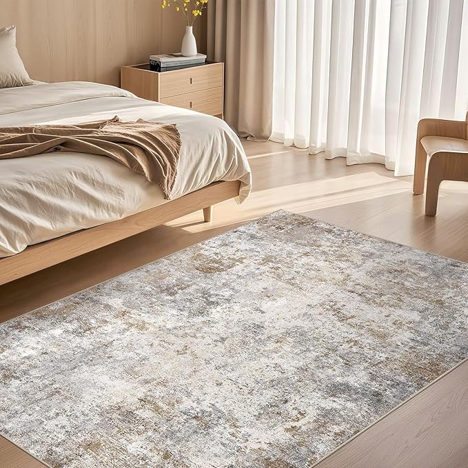 UERMEI 4x6 Area Rug Living Room Rugs - Washable Neutral Modern Abstract Soft Thin Rug Indoor Floor No Slip Rug Carpet for Bedroom Under Dining Table Home Office Decor - Brown Grey