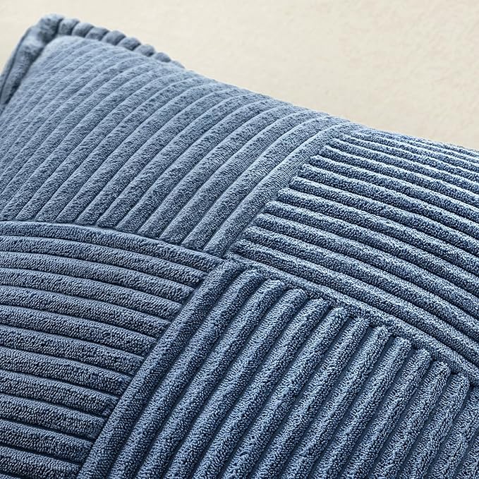 MIULEE Decorative Lumbar Throw Pillow Covers for Couch Bed Livingroom 14x22 Inch Set of 2 Blue Boho Accent Throw Pllows Broadside Striped Patchwork Soft Corduroy Summer Coastal Pillowcases