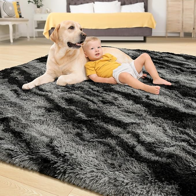 Tepook Fluffy Large Rugs for Living Room, Shag Area Rug 6x9 Soft Carpet for Bedroom, Modern Shaggy Rug for Kids Boys Girls, Plush Indoor Nursery Home Decor Rug with Non-Slip Bottom, Black Grey