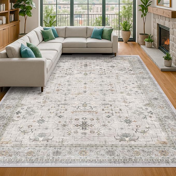 Hazo Haus Boho Light Grey Living Room Rug 9x12 - Modern Vintage Eclectic Floral Pastel Neutral Taupe, Washable Low Pile Non-Slip Extra Large Area Rugs for Dining Under Table Bedroom