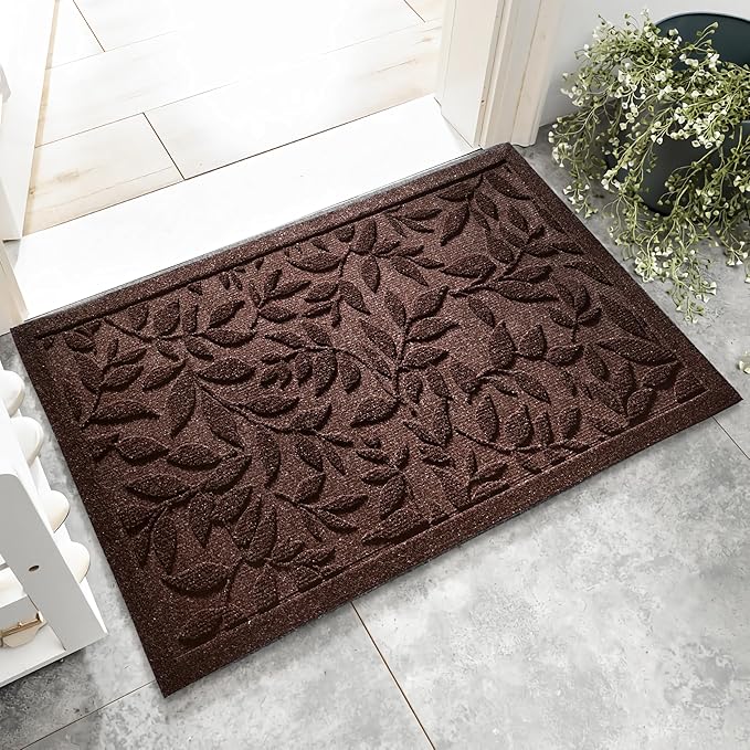Coffee Brown Leaves Fall Outdoor Indoor Entrance Doormats, Absorbent Durable Heavy Duty Welcome Front Door Mat,Thick Natural Rubber Back,Easy Clean Entryway Mat 17x30 Inch, Low Profile