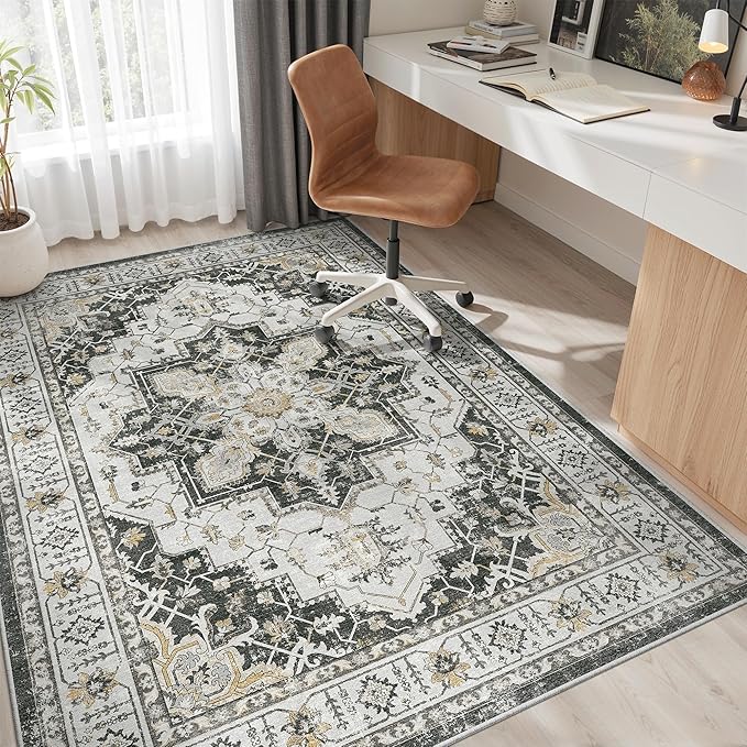 Madane 6x9 Area Rugs for Living Room, Stain Resistant Washable Rugs, Non-Slip Backing Area Rug, Vintage Home Decor Rug for Bedroom (Black, 6'x9')