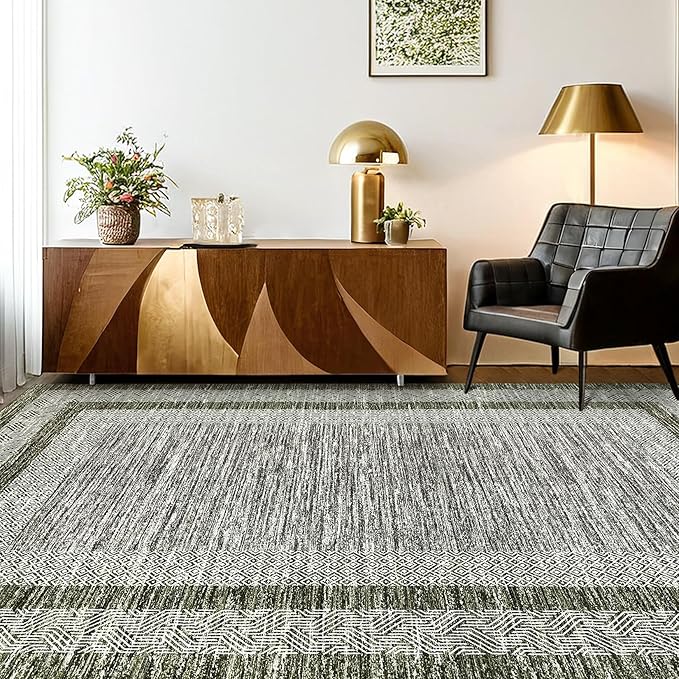 GarveeHome 8x10 Large Washable Area Rug Modern Bordered Rug Distressed Geometric Floor Carpet, Soft Non Slip Rug, Low Pile Non Shedding Rug, Indoor Green Rug for Bedroom, Living Room