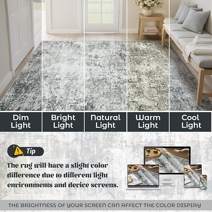 XLUEZ 9x12 Area Rug for Living Room, Washable Modern Abstract Large Area Rug Neutral Soft Non Slip Kids Rug Stain Resistant Indoor Carpet for Bedroom Dining Room Playroom Office(Grey, 9'x12')