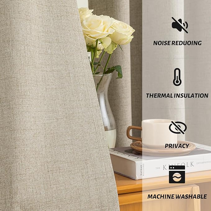 Yakamok Natural Linen Curtains 100% Blackout 90 Inches Long,Room Darkening Textured Curtains for Living Room Thermal Grommet Bedroom Curtains 2 Panels with Greyish White Liner