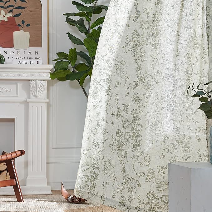 jinchan Pinch Pleated Curtains Floral Linen Blend Curtains for Living Room 96 Inches Length Green Peony Flower Printed Curtain Rod Pocket Back Tab Farmhouse Drapes with Hooks Set 2 Panels