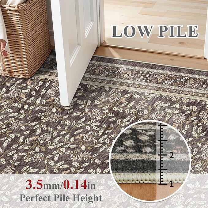 TOPRUUG 2x12 Washable Runner Rug - 12ft Runners for Hallway Non Slip Kitchen Rugs Soft Low Pile Carpet for Bedroom Bathroom Entryway - Stain Resistant Vintage Home Decor (Floral Charcoal, 2X12)