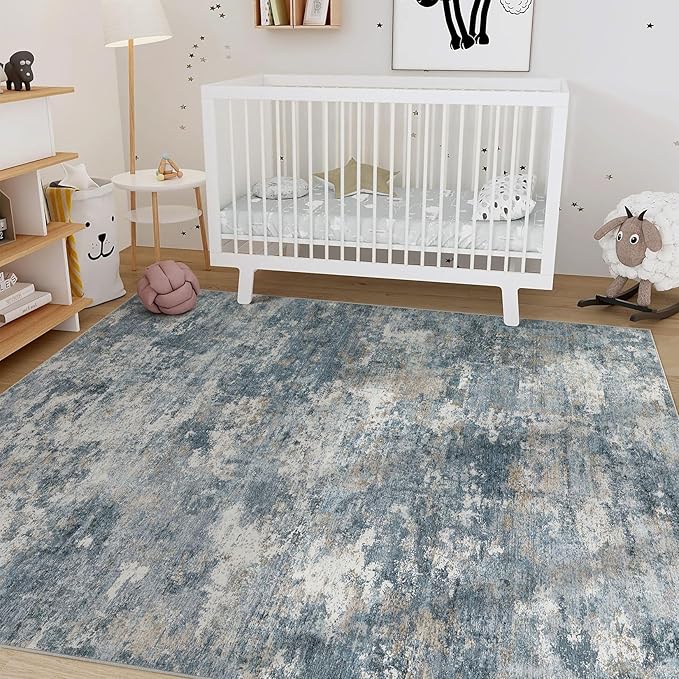 Nakagishi 5x7 Area Rugs Living Room: Washable Abstract Large Neutral Soft Rug Stain Resistant Modern Indoor Floor Non-Slip Carpet for Bedroom Nursery Kids Playroom Office Dining Room Dorm-Blue