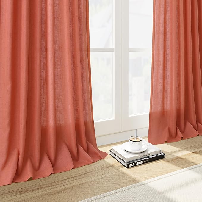 Coral Linen Curtains 102 Inches Long 2 Panel Set Back Tab Rod Pocket Semi Sheer Light Filtering Burlap Extra Long Drapes Neutral Farmhouse Decor for High Window Living Room 52x102