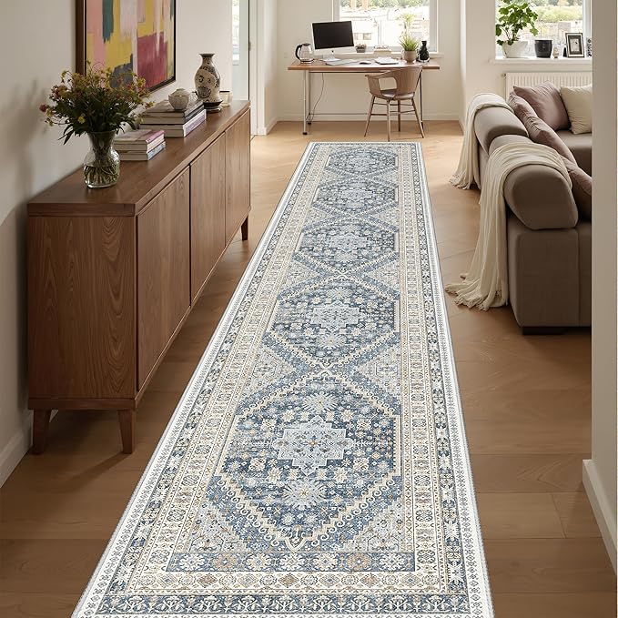 Washable Runner Rug 2.5x14, Non-Slip Long Kitchen Mats for Floor, Vintage Rug for Entryway, Soft Hallway Runner for Dining Room, Bedroom, Living Room(Blue/Beige,2.5'x14')