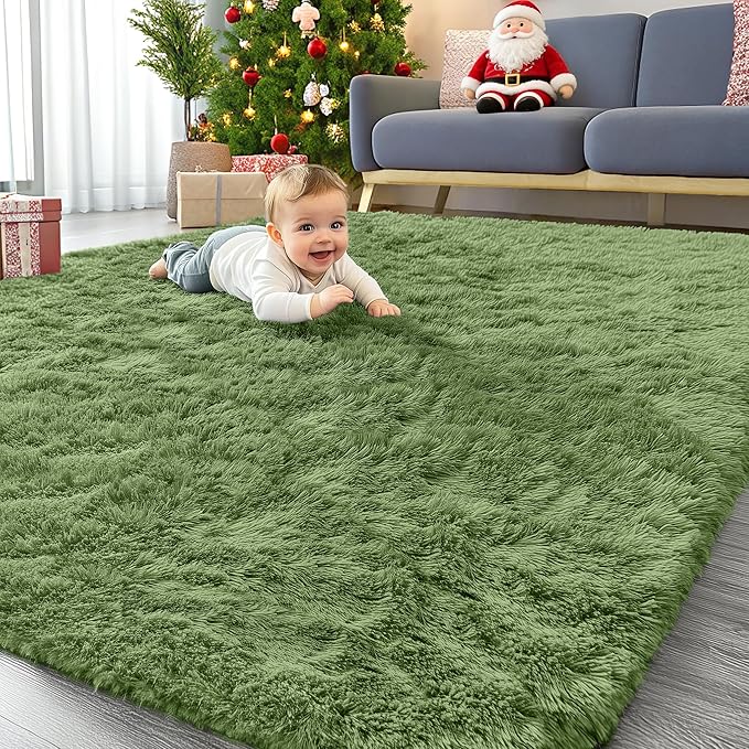 OLANLY 5x8 Machine Washable Large Area Rugs for Living Room, Bedroom, Soft Fluffy Shaggy Bedside Rug, Indoor Floor Carpet for Kids Girls and Boys, Dorms, Nursery, Home Decor Aesthetic, Green