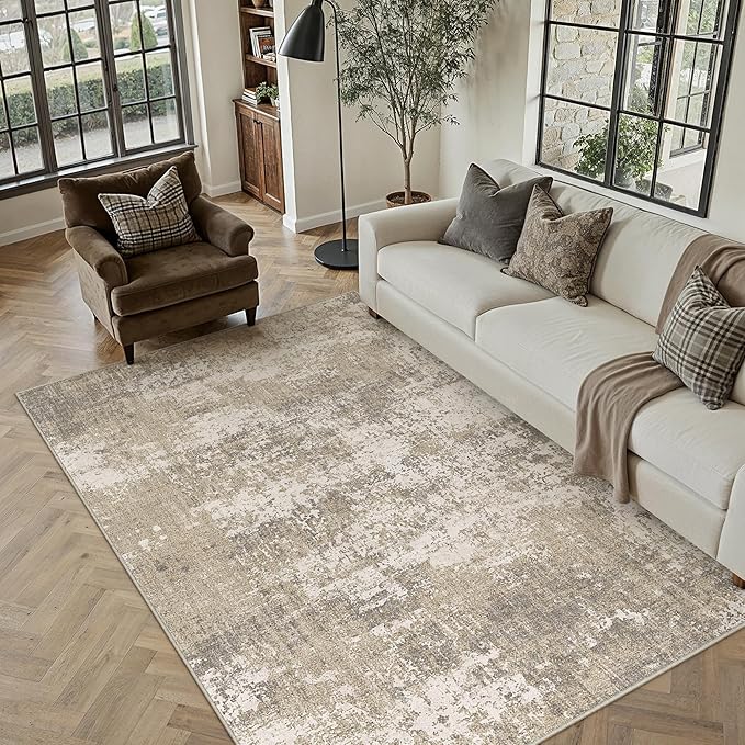 PureCozy Beige Area Rug 3x5 Machine Washable Modern Abstract Office Carpet Neutral Non Slip Indoor Entry Low Pile Soft Non Shedding Small Mat Bedroom Throw Rug for Kitchen Laundry Dining Room