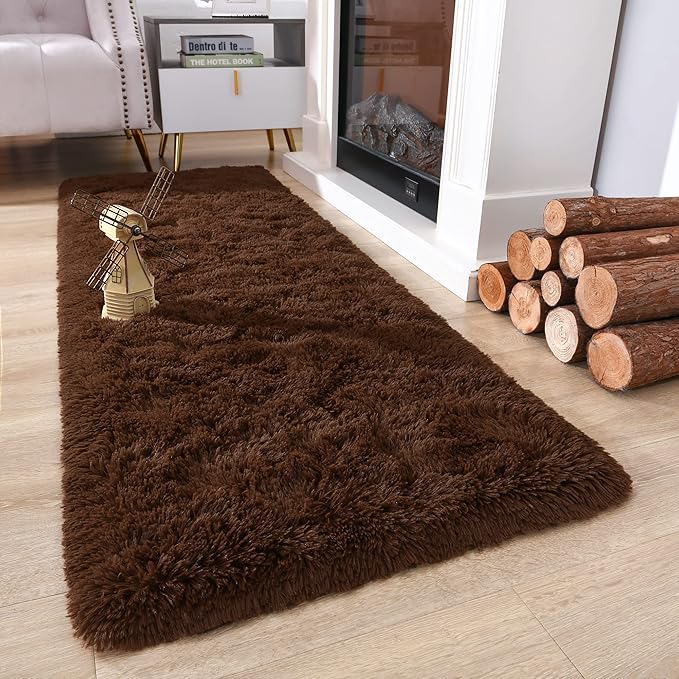 Chicrug Soft Runner Rug for Bedroom Living Room Plush Fluffy Rug 2x10 Feet, Shag Furry Runner Carpet Non Shedding for Nursery Children Kids Girls Room Home Decorative, Coffee