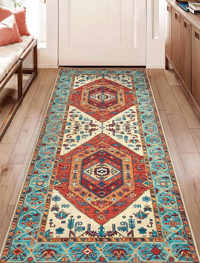 SERISSA Boho Washable Runner Rug, 2x5 Rug Runner Non-Slip Vintage Orange Hallway Kitchen Runner Rug Ultra Soft Print Distressed Tribal Floor Carpet Runner for Bedroom Bathroom Laundry Living Room