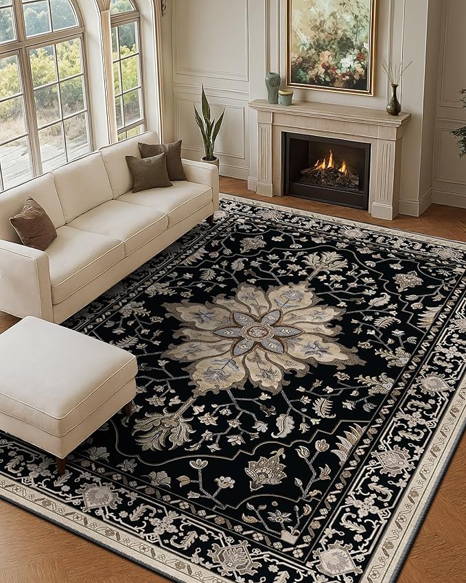 RELEANY Area Rugs 8'x10' Washable Non-Slip, Floral Vintage Distress Print Pattern Medallion Carpet for Living Room Bedroom Dining Room, Black Brown Neutral Dark Tan