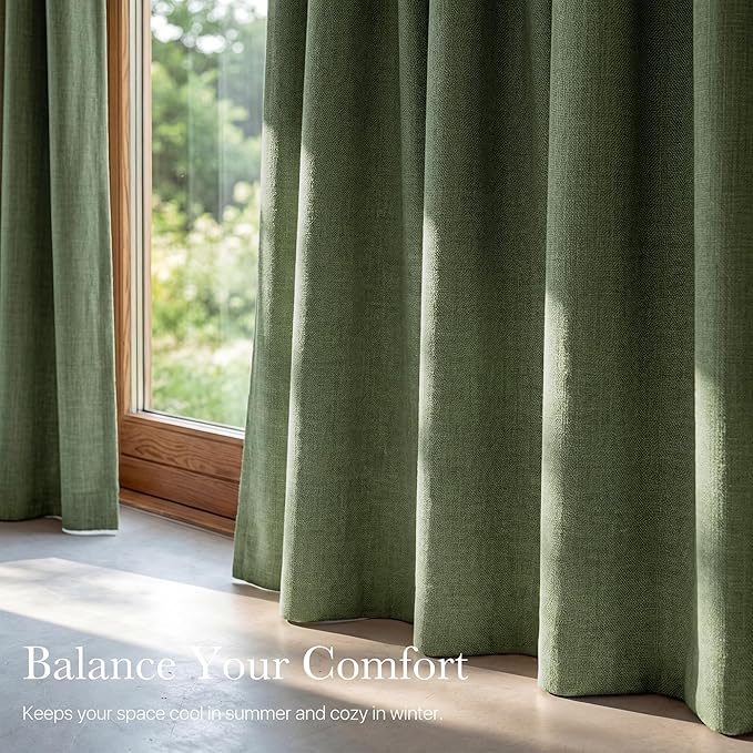 NICETOWN 100% Absolutely Blackout Linen Curtains for Bedroom Living Room, Dark Green, 52" Wide, 2 Pieces, Privacy Thermal Insulated Window Drapes 84" Long for Home Theater Enthusiasts or Gamers