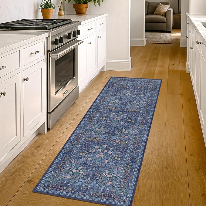 Hazo Haus Non Slip 2x6 Dark Blue Kitchen Runner Rug - Long Runner Rugs 24 x 72 Washable Hallway Floor Mat, Bedroom Laundry Room Bathroom Runner - Dusky Navy Vintage Floral Design Décor