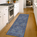 Dark Blue 2x8 Kitchen Runner Rugs - 8ft Long Machine Washable Hallway Runner Non Slip, Floral Pattern Indoor Floor Mats for Entryway, Oriental Floral Design Home Décor