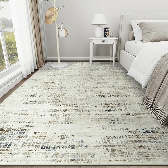 9x12 Area Rugs for Living Room Washable Rug: Anti-Skid Abstract Modern Living Room Rug Soft Thin Carpets Indoor Floor Non-Shedding Carpet for Bedroom Dining Farmhouse Nursery Gray White Blue