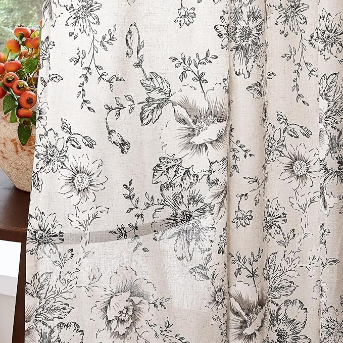 jinchan Linen Blend Curtain Floral Curtains for Living Room 54 Inch Length Black Printed Curtain Rod Pocket Back Tab Farmhouse Peony Flower Patterned Drapes Bedroom Window Curtains Set 2 Panels