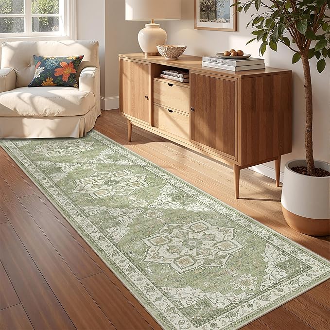 Runner Rug 2x8 Runners for Hallways Non Slip Washable, Vintage Hallway Runner Rugs for Living Room, Low Pile Soft Hallway Rug for Kitchen Bedroom Laundry Room Rug(Light Green,2'x8')