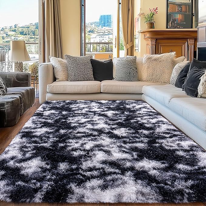 Black and White Rug for Living Room, 8x10 Area Rug for Bedroom, Bedside Indoor Floor Fluffy Shag Carpet, Plush Soft Rug for Boys Girls Kids Room Nursery Dorm Home Decor