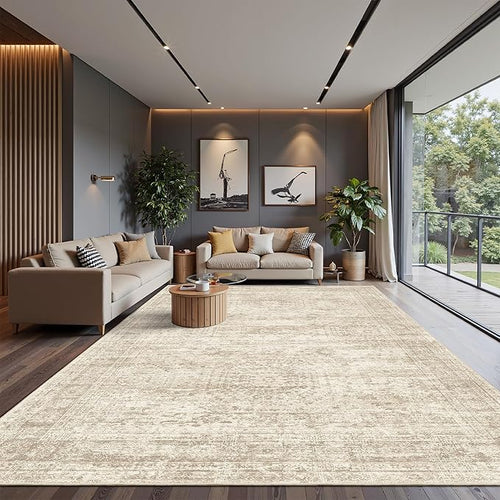 12x15 Washable Area Rug Beige Neutral Abstract Living Room Large Carpet Non Slip Bedroom Indoor Office Dining Room Low Pile Thin Rug