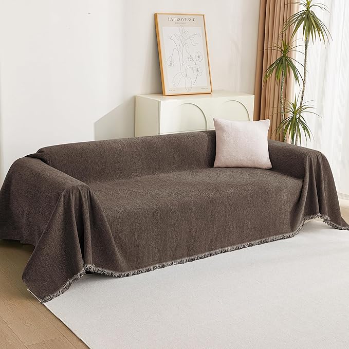 MYSKY HOME Couch Covers for 2 Cushion Couch Sectional Sofa, L Shape Sofa Protector Deep Chocolate Chenille Couch Cover, Sofa Covers Washable Blanket with Tassel Pet Couch Cushion Cover, 71"X102"