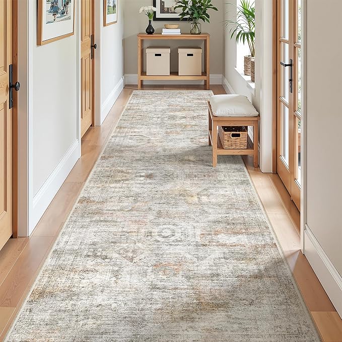 Kitchen Runner Rugs Non Skid Washable - 2.5 x 10 Runner Rug with Anti Slip Backing, Ultra-Thin Soft Rug Runner for Hallway, Bedroom, Living Room (2.5'x10', Grey/Rust)