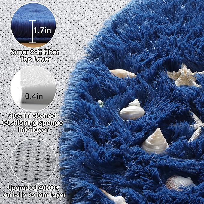 ONASAR Navy Blue Round Area Rug 4ft, Soft Bedroom Circle Rugs Floor Mat for Kids Girls Boys Teen Room, Fluffy Plush Shaggy Carpet for Baby Nursery Living Room Playroom Dorm Home Decor