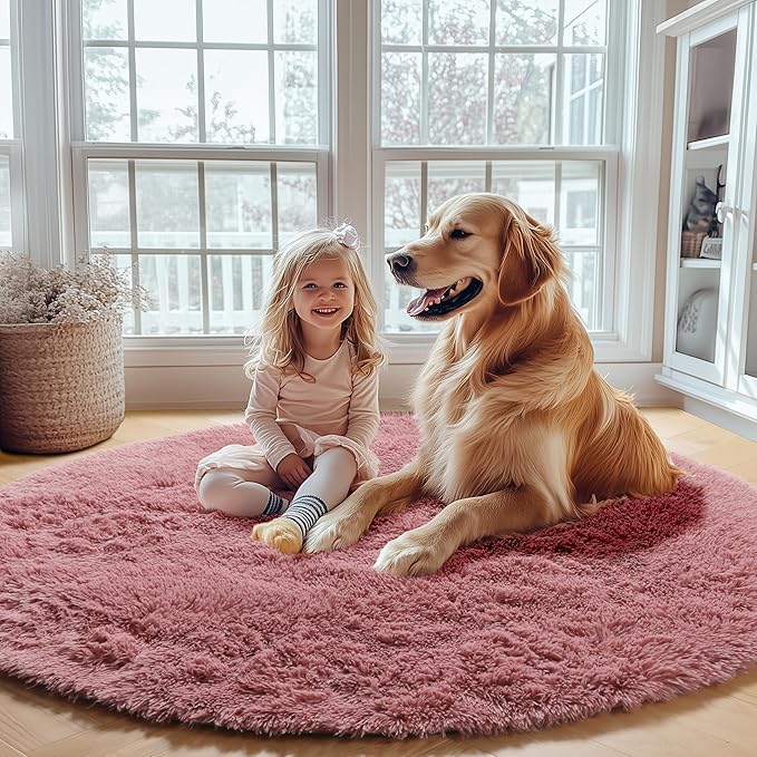 ONASAR Blush Round Rugs 6ft for Living Room Bedroom, Fluffy Circle Area Rug for Kids Girls Boys Teen, Soft Plush Shaggy Carpet for Nursery Dorm Classroom Playroom Home Decor Aesthetic