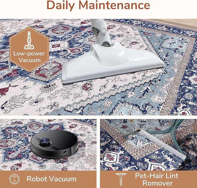 OPPODREAM Soft Entryway Rug 2x6, 2x6 Rug Runner, Washable Hallways Carpet 2 x 6 with Non Slip Backing, Low-Pile Bedside Carpet 2 x 6, Long, Faux Cashmere, Navy Blue & Red & Cream