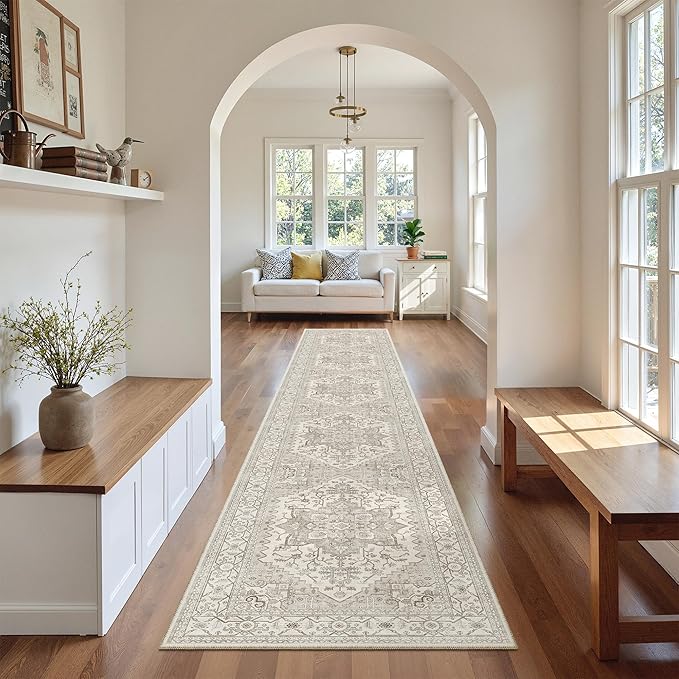 Madane Hallway Runner Rug 2x12, Long Washable Runner Rugs 12ft with Rubber Backing, Non Slip Carpet Runner, Vintage Rug Runners for Kitchen Laundry Room Entryway (Beige/Brown, 2'x12')