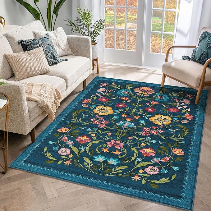 GarveeHome Washable Rug 3x5 Area Rugs for Living Room, Floral Rug for Bedroom, Soft Boho Non Slip Throw Rugs with Rubber Back, Low Pile Stain Resistant Vintage Floral Carpet for Dining Room, Blue