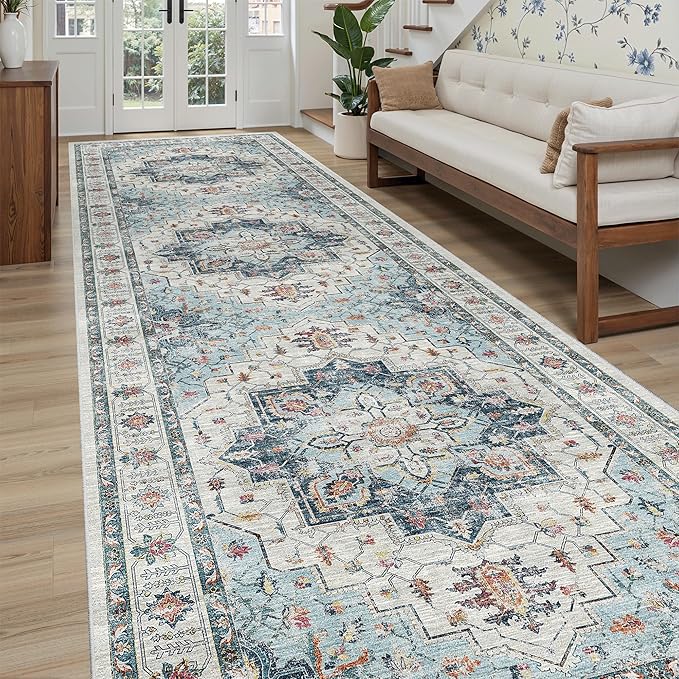 Madane 4x12 Wide Hallway Runners: Washable Runner Rug for Entryway Living Room Soft Vintage Non Slip Carpet Runner for Kitchen Dining Room Nursery Bedroom Thin Area Rug (Blue, 4x12ft)