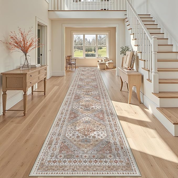 3x20 Long Runner Rug for Hallway, Non-Slip Long Kitchen Mats for Floor, Vintage Washable Rug for Entryway, Soft Hallway Runner for Dining Room, Bedroom, Living Room(Orange,3'x20')