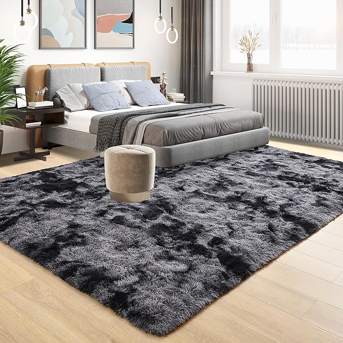 Tepook Fluffy Large Rugs for Living Room, 8x10 Area Rugs for Bedroom, Modern Shag Rug Fuzzy Carpets for Kids Boys Girls, Plush Indoor Nursery Home Decor Rug with Non-Slip Bottom, Tie-dye Dark Grey