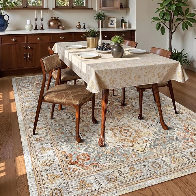 Washable Area Rug 9' x 12' Vintage Traditional Persian Mat - Foldable Distressed Non-Slip Machine Washable Carpet for Living Room Bedroom Kitchen Home Decor - Dove Gray and Coral