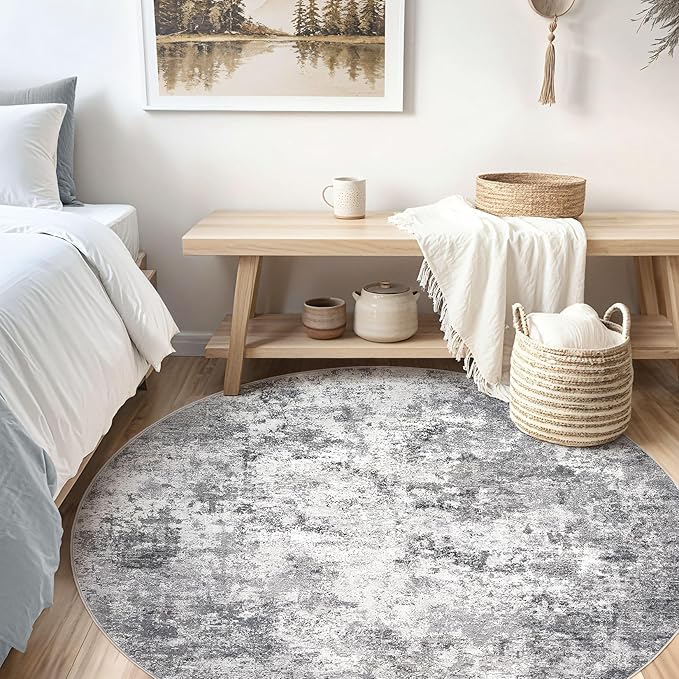 8ft Round Area Rug Living Room Rugs - 8x8 Washable Neutral Modern Abstract Soft Thin Rug Indoor Floor No Slip Rug Carpet for Bedroom Under Dining Table Home Office Decor - Grey