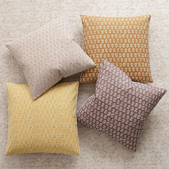 Foindtower Set of 2 Decorative Neutral Floral Print Throw Pillow Covers Vintage Accent Farmhouse Cushion Covers Boho Home Decor For Sofa Couch Chair Bedroom Living Room Outdoor,20×20 Inch,Light Yellow