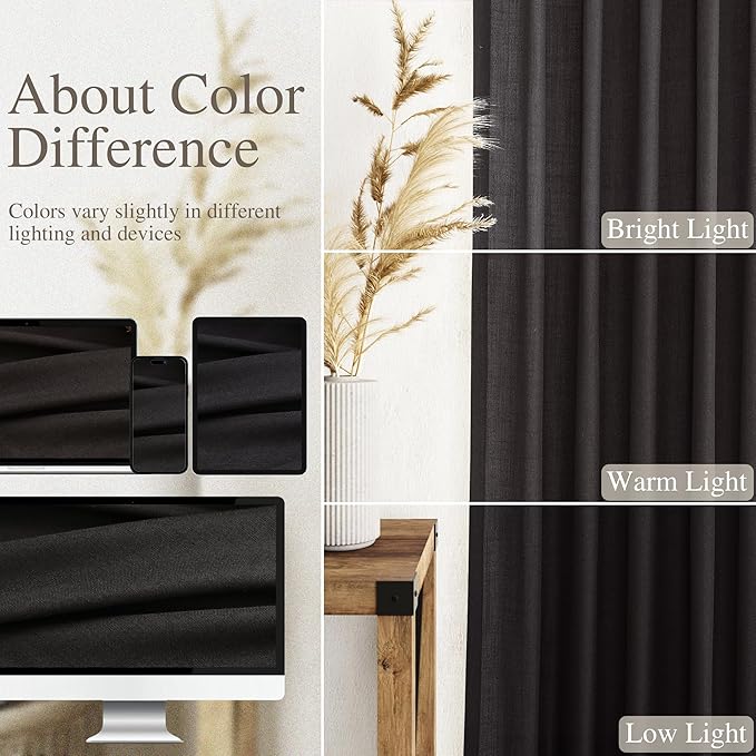 Nanspring Vintage Black Linen Curtains 84 Inch Length 2 Panels Set for Living Room Light Filtering Semi Sheer Curtain Back Tab Privacy Luxury Gothic Vintage Decor Drapes for Bedroom Office 52x84