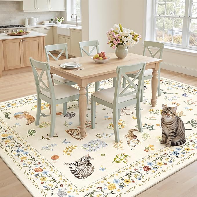Soalmost Cat 6x9 Area Rugs for Living Room, Machine Washable Animal Floral Vintage Rug Non-Slip Low Pile Soft Throw Rugs for Bedroom Dining Room Kitchen Nursery Playroom (6 x 9,Beige)